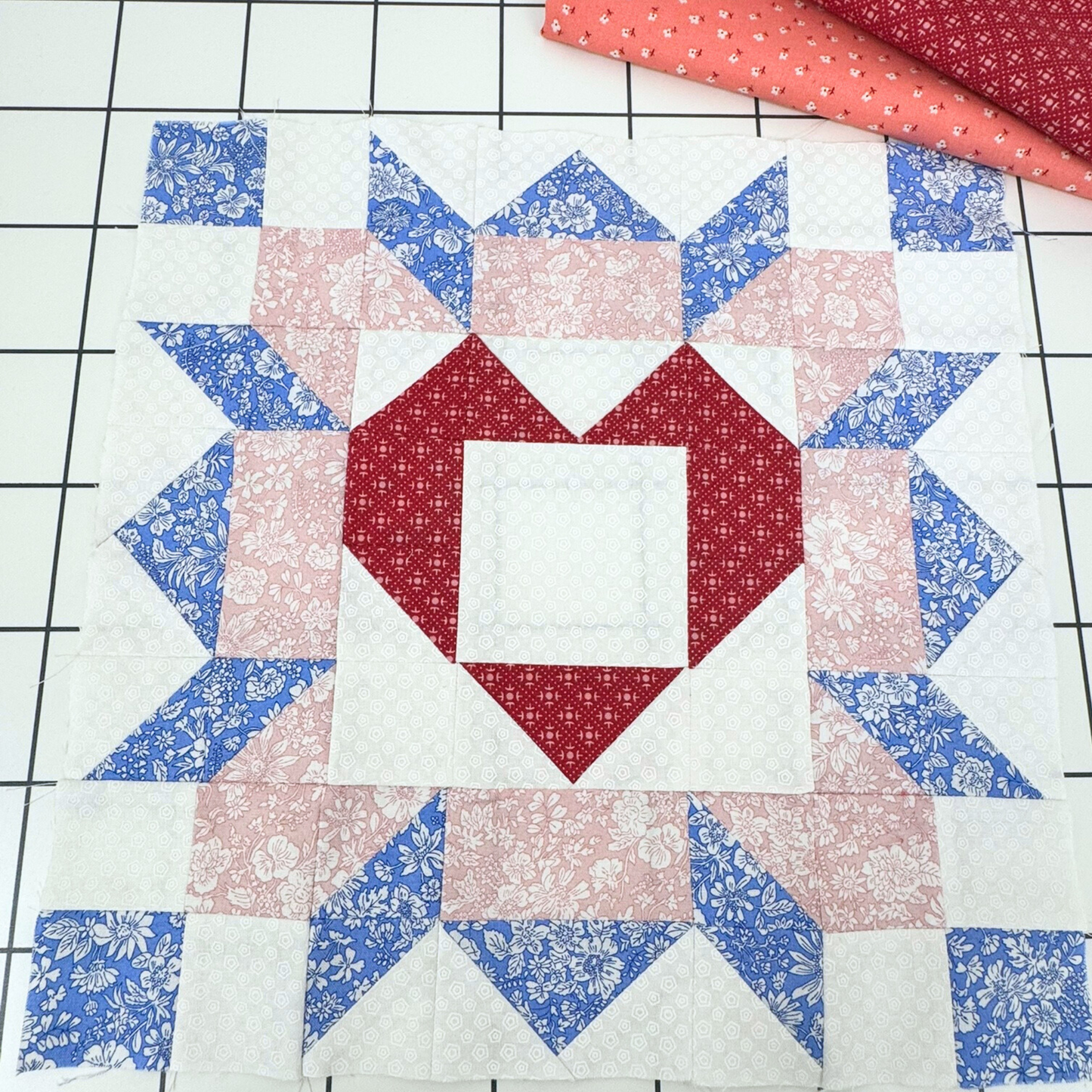 Blue Rose Heart Quilt Block Pattern - 12" Size - DIGITAL PATTERN
