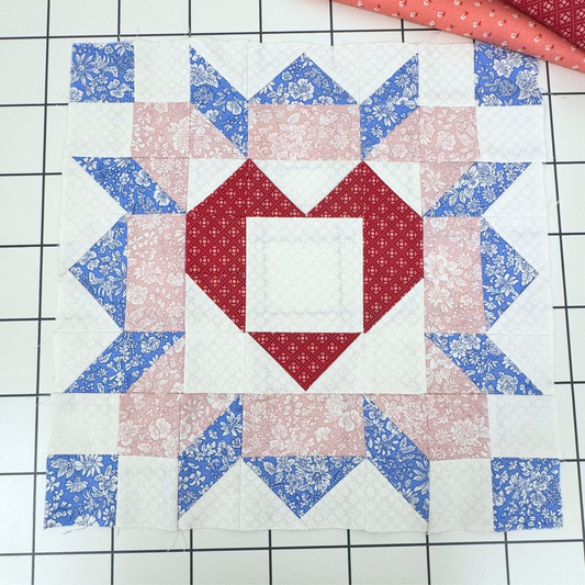 Blue Rose Heart Quilt Block Pattern - 12" Size - DIGITAL PATTERN