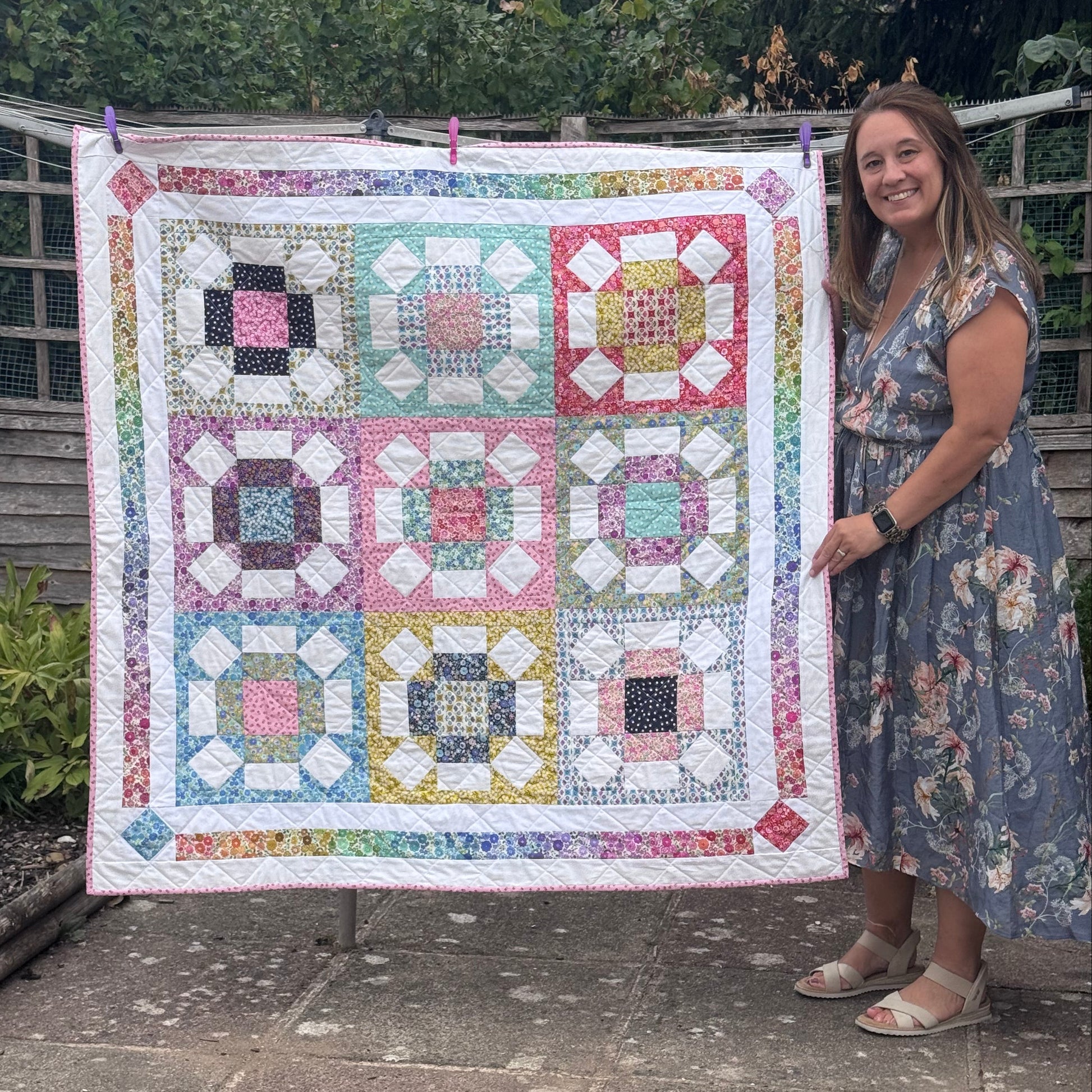 In May's GARDEN quilt pattern for beginners. Featuring right floral fabrics.